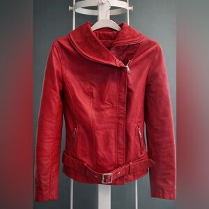 Red Genuine Leather Moto Jacket Suede Collar Belted Fitted Y2K